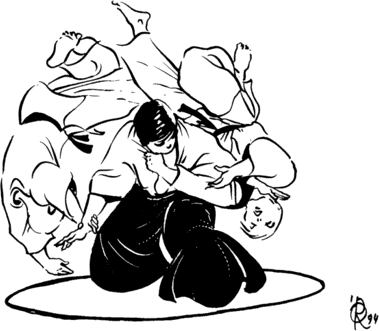 Drawing of multiattacker Aikido by Ratti